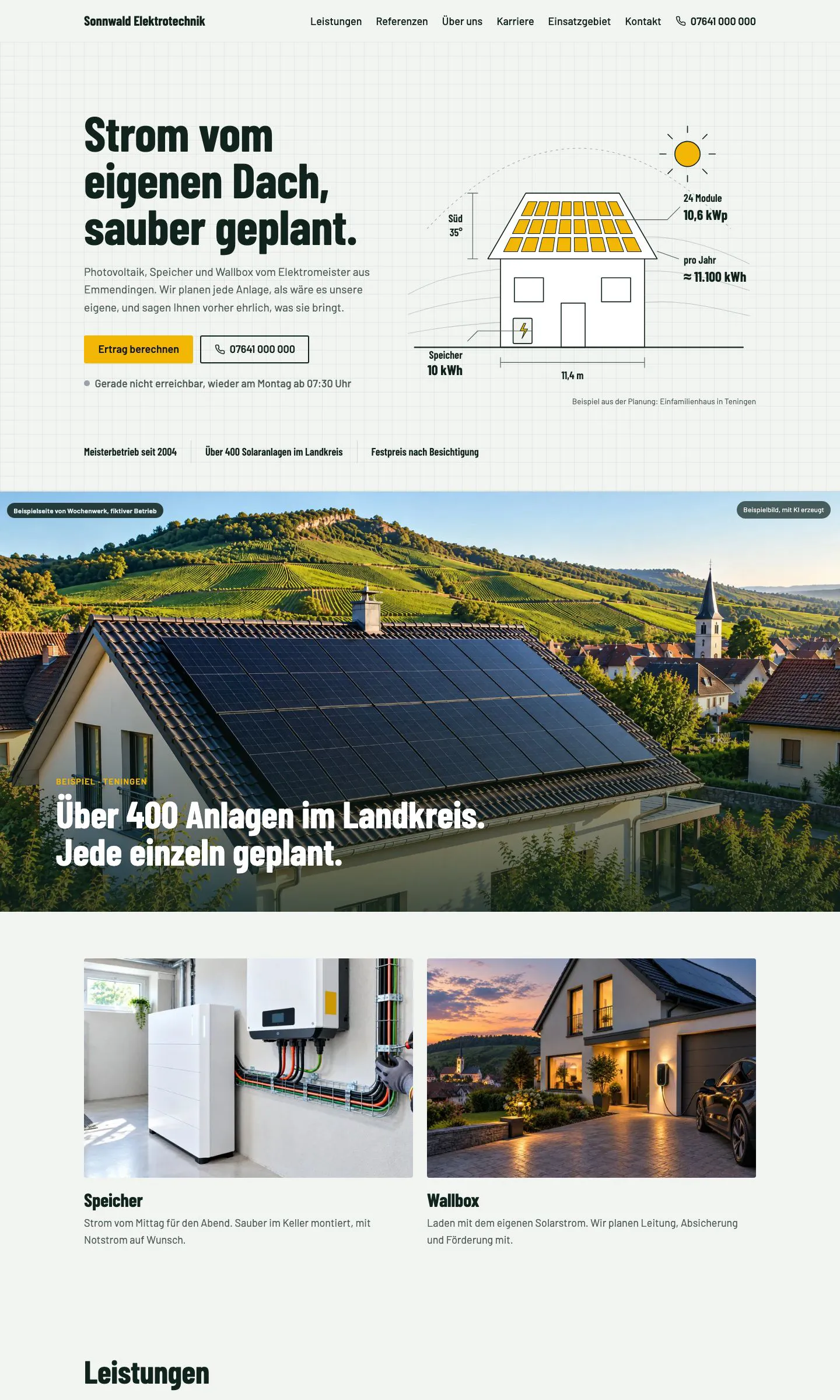 Startseite der Premium-Beispielseite mit technischer Skizze eines Hauses mit Solarmodulen