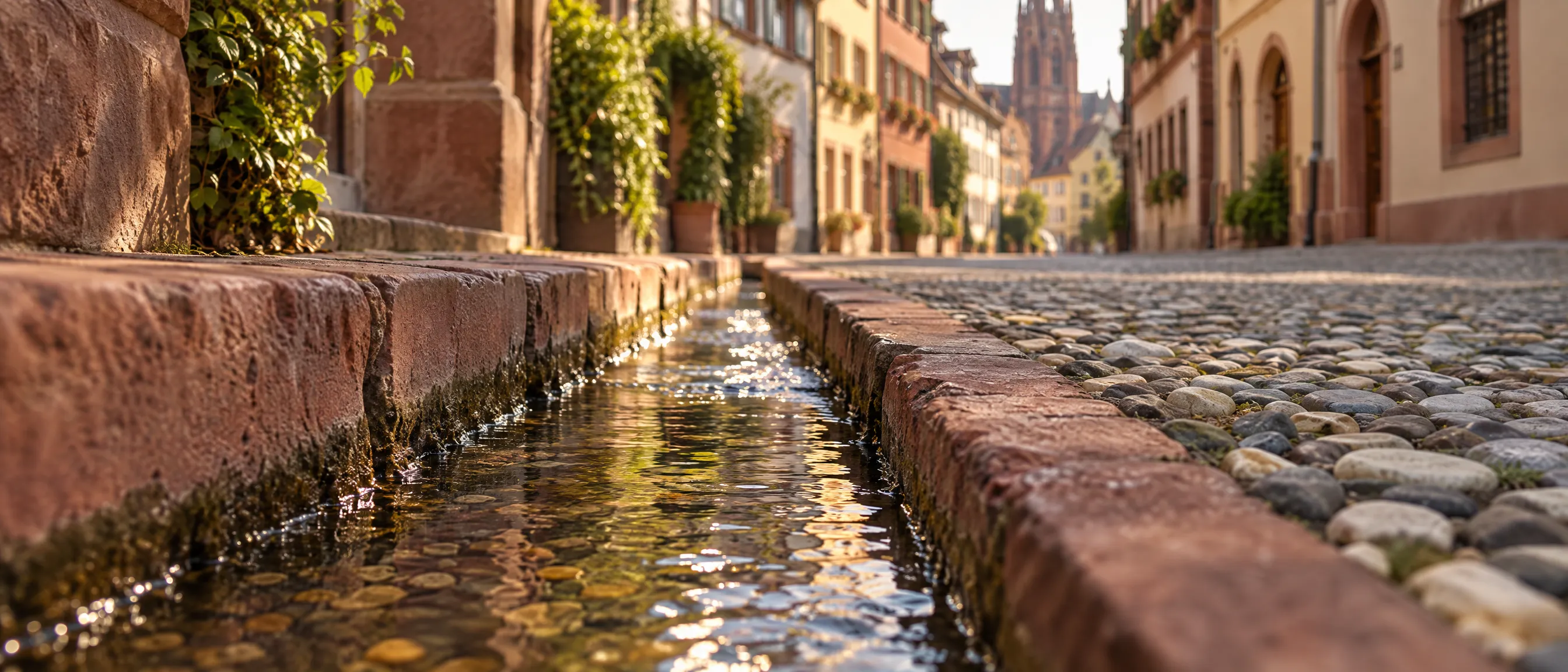 Ein Bächle in der Freiburger Altstadt, im Hintergrund das Münster im Abendlicht